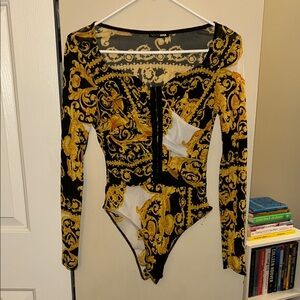 Fashion Nova Black and Gold Baroque Bodysuit